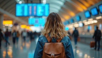 Young woman with backpack walks through airport terminal. People in background move toward departure boards. Focus on traveler preparing for flight. Journey starts at busy aerodrome.