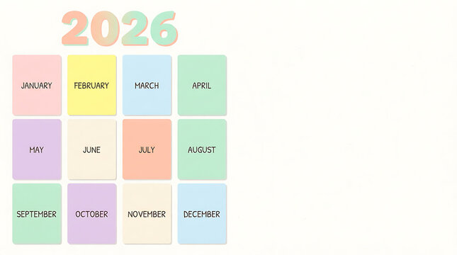 2026 Calendar with Pastel Colored Month Blocks and Ample Copy Space. - Powered by Adobe