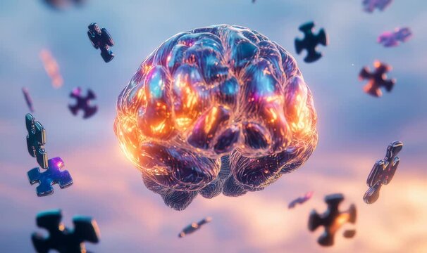 Glowing brain surrounded by floating scattered jigsaw puzzle pieces, representing intelligence, problem solving, memory, and cognitive challenges