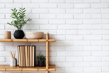 Wooden shelves against a white brick wall, displaying decorative items