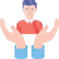 Two Open Hands Offering Support And Protection To A Smiling Man In A Red Sweater With Blue Hair and Shirt Collar Against A Transparent Background