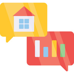 Two Speech Bubbles One With A House Icon And The Other With A Bar Chart Representing Real Estate Investment Discussion Or Property Market Analysis