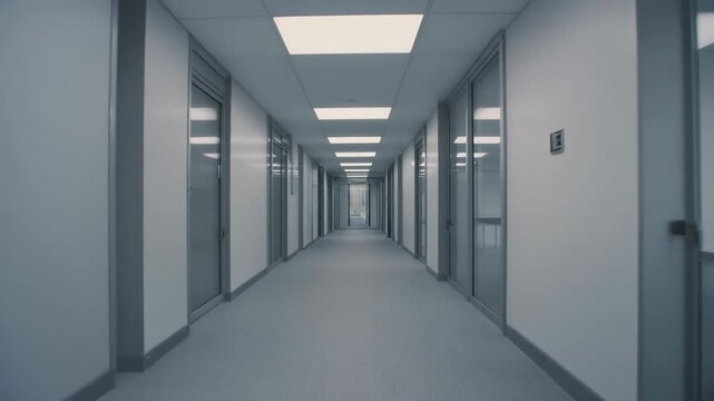 Long empty hallway inside modern building.