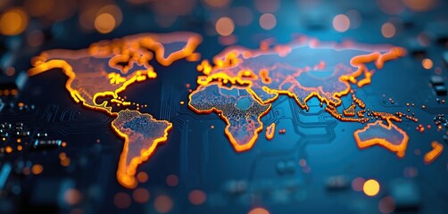 Digital world map glows with orange lines on blue circuit board. Image illustrates global tech networks, data flow, worldwide communication. Represents interconnected economy, international business,