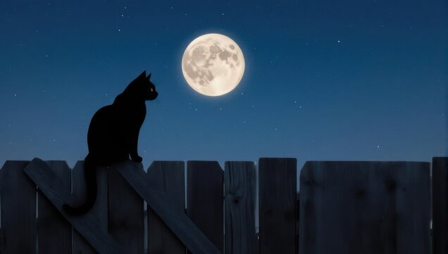 Silhouette of a cat on a fence under a full moon.