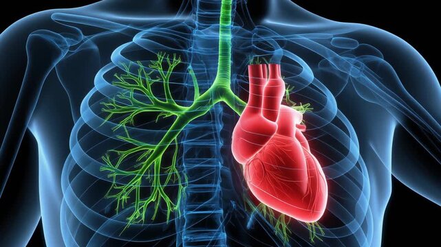 Detailed 3D rendering of the human heart inside the chest with glowing blue organs and green vessels representing complex circulation and cardiovascular health