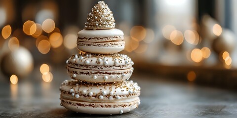 Obraz premium Elegant stacked macarons with gold sprinkles against blurred festive lights, creating luxurious dessert presentation for holiday celebrations.