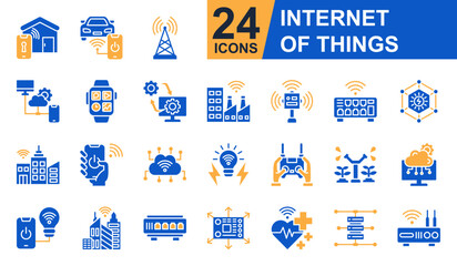 Internet Of Things Icons set vector illustration. Containing Smart Home, Connected Car, Cloud Device, Digital Twin, IoT Network and more. Simple solid icons collection.