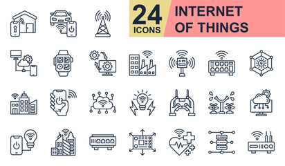 Internet Of Things Icons set vector illustration. Containing Smart Home, Connected Car, Cloud Device, Digital Twin, IoT Network and more. Simple line icons collection.
