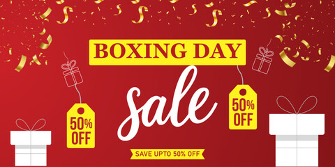 Boxing Day Sale Banner Red Background with Gold Confetti and Gift Boxes Up to 70% Off Holiday Shopping Promotional Design
