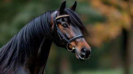 Majestic dark bay horse with bridle against blurred autumn background, showcasing elegant profile and attentive expression. Perfect for equestrian themes.
