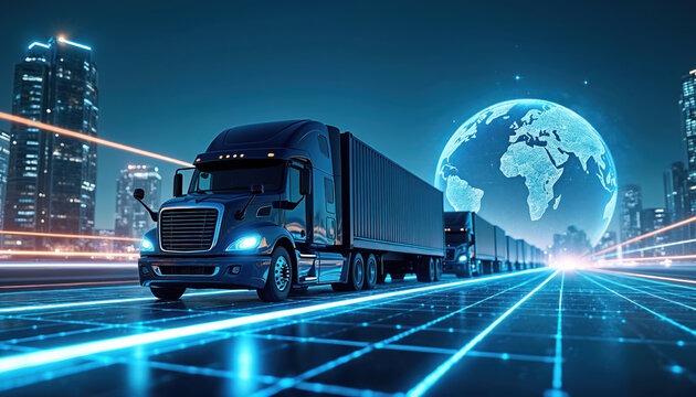 Semi trucks move on digital grid road near glowing Earth hologram and city skyscrapers at night. Futuristic global transport network and delivery system concept for logistics. - Powered by Adobe