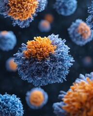 Obraz premium Abstract Microscopic Cells with Blue and Orange Accents on Dark Gradient Background