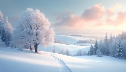 Obraz premium Winter scene shows snowy landscape with frosted trees on hills. Footpath crosses snow field. Calm atmosphere, scenic view. White nature. Ideal for winter holidays designs, seasonal backgrounds,