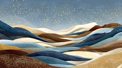 Abstract Mountain Range with Layered Terraces in Blue Brown and Gold Tones Under a Textured Blue Sky with Golden Specks
