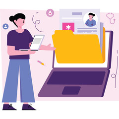 Woman Organizing Digital Medical Records on Laptop Interface with Folder and Stethoscope Illustration