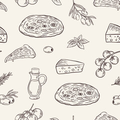 Seamless pattern with hand drawn Italian pizza, ingredients, cheese, olives, basil, and tomatoes on beige background. Vector illustration