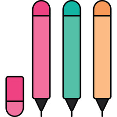 Three Colorful Pencils And One Eraser In A Row Against A Transparent Background Minimalist Illustration