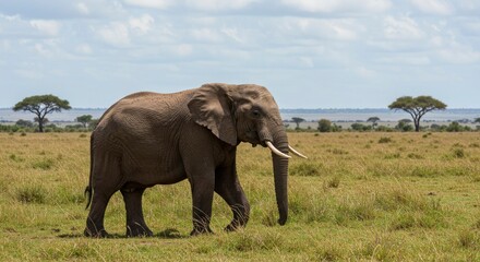 Obraz premium Majestic African Elephant Walking Through Savannah Grasslands