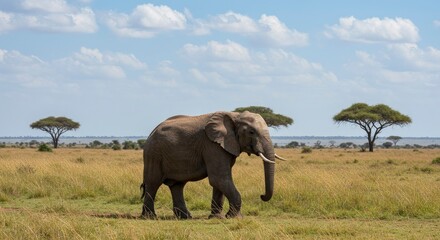 Obraz premium Majestic African Elephant Walks Through Grassy Savannah Landscape