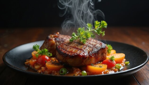 Illustration of delicious medium roasted meat served on a black plate. The fine dining restaurant meal includes vegetables and tomatoes. Food concept image ideal for a menu. - Powered by Adobe