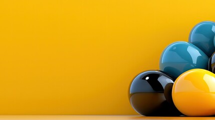 A close-up of a cluster of shiny, spherical objects in teal, black, and yellow, arranged in a pile against a solid yellow background. The lighting is bright and