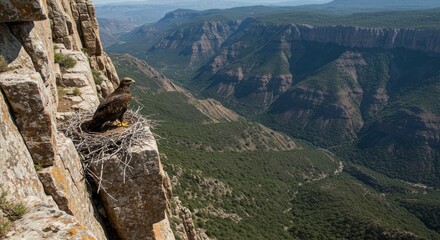 Majestic Eagle Perched in Nest on Rocky Cliff Overlooking Verdant Canyon