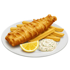 A close-up image of a plate of fish and chips with lemon and sauce.