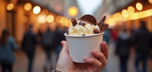 Person holds ice cream in a white paper cup decorated with chocolate pieces. Soft serve dessert held up at food market or fair. Street food concept.