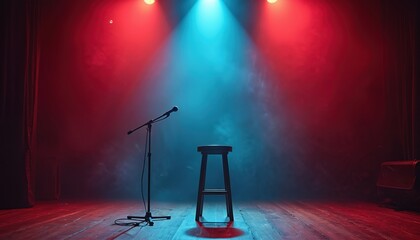 Empty stage with microphone, stool under red, blue spotlights. Dark curtain hangs to side, smoke fills air creating dramatic atmosphere. Wooden floor reflects colored lights, setting scene for