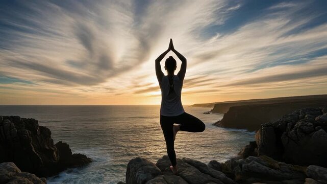 Woman practicing yoga tree pose Vrikshasana on rocky ocean cliffs during a spectacular golden sunset creating a beautiful silhouette