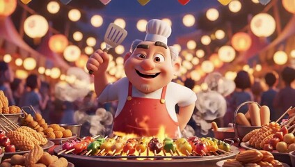 Festive Cartoon Chef Grilling Assorted Skewers at a Bustling Night Food Festival