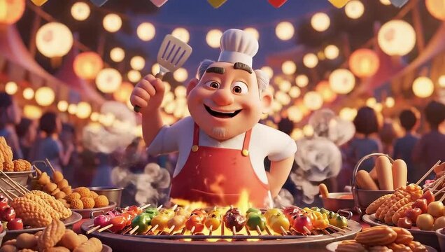 Festive Cartoon Chef Grilling Assorted Skewers at a Bustling Night Food Festival