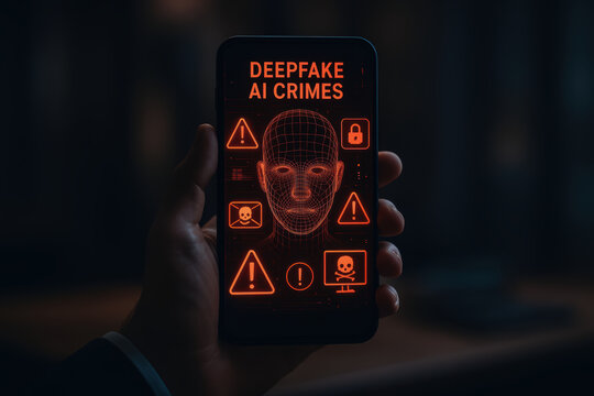 Deepfake ai crimes warning on smartphone screen with digital face mesh and alert icons symbolizing cybersecurity threats and online dangers