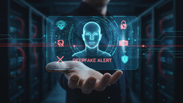 Deepfake alert on digital screen warns about ai crimes with futuristic technology protecting identity and privacy in cyber security system