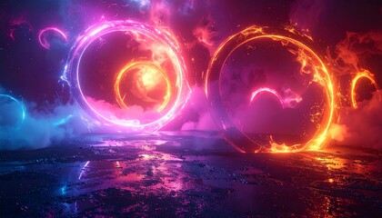 Glowing ethereal circles amidst a vibrant, cloudy, colorful landscape