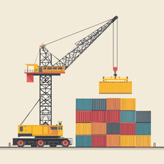 A vector illustration of a crane lifting a shipping container