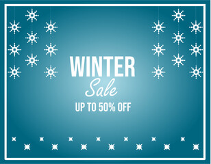 Bright winter sale banner with snowflake garlands and the inscription: "Winter Sale. Up to 50% off"
