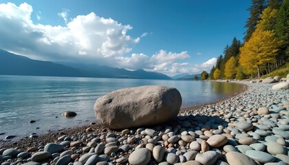 Large boulder rests on pebble shore beside calm blue lake and distant mountains. Yellow and green trees line the water edge under a cloudy sky. Natural landscape offers peaceful scenic view.