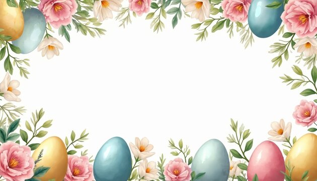 Easter eggs and floral elements frame the composition. Gentle pastel colors and spring blossoms create a festive, welcoming atmosphere ideal for holiday greetings or event decorations.