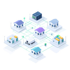 Obraz premium Isometric illustration of network with interconnected houses and trucks