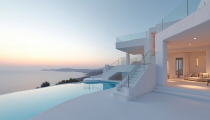 Obraz premium Modern white villa with infinity pool overlooks ocean at sunset. Staircase leads to luxurious rooms and terrace. Serene water and clear sky create peaceful ambiance.