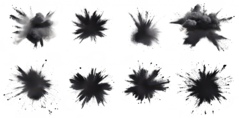 A collection of dynamic black ink splashes and bursts on a white background. various shapes and sizes. ideal for creative design projects or artistic expressions