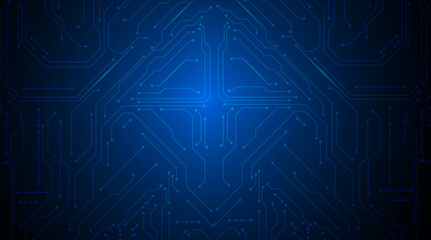 Futuristic microchip circuit blueprint with bright blue lines and high-tech detailing.