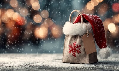 Gift bag with snowflake, blank tag, and santa hat on snowy surface. Festive christmas background with bokeh lights
