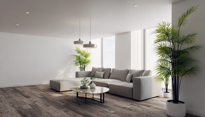 Cozy living room with comfortable sofa, modern coffee table, and lush green plants in a bright, airy space