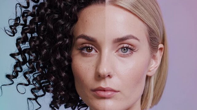 Split-screen video concept showing diverse hairstyles. Close-up angle highlights contrasting curly and straight hair on a woman's face.