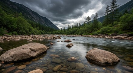 Majestic Mountain River Flowing Through Lush Green Forest