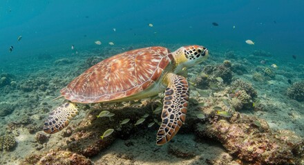Obraz premium Majestic Sea Turtle Swims Gracefully Through Coral Reef Ecosystem