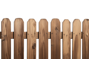 A close-up view of a rustic wooden fence with vertical planks. the natural grain and texture of the wood. set against a plain white background. ideal for home decor or landscaping themes